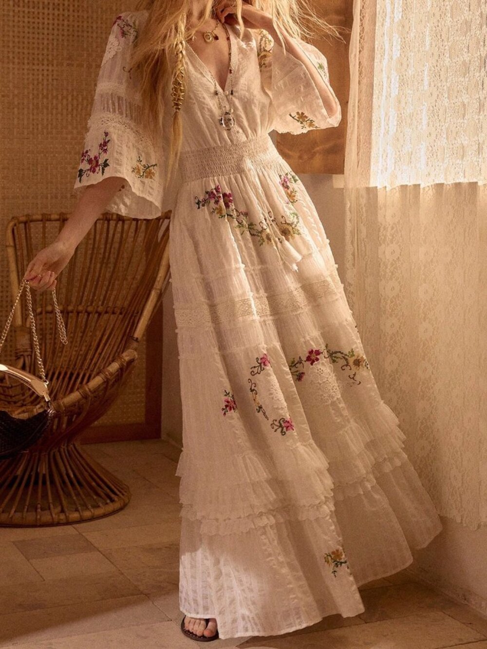 Beige Boho Women's Embroidered Patchwork Long Vacation Dress - Picture 6 of 8